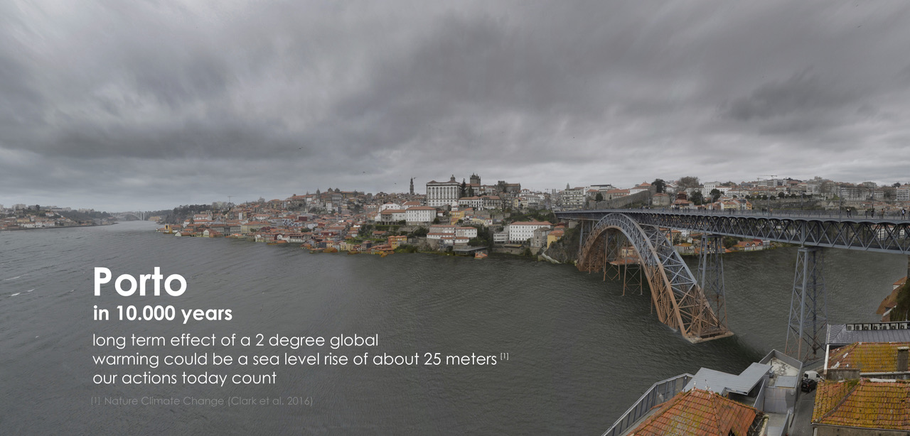 Visualisation of predicted sea level rise in Porto, Portugal at 2 degrees global warming